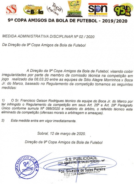 MEDIDA ADMINISTRATIVA DISCIPLINA N°02/2020 - 9ª COPA AMIGOS DA BOLA DE FUTEBOL