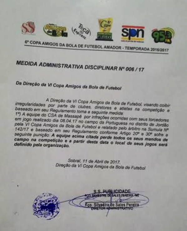 Medida administrativa N°006/17 da 6ª Copa Amigos da Bola de Futebol