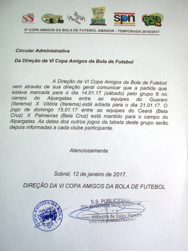 Circular administrativo da Direção da 6ª Copa Amigos da Bola