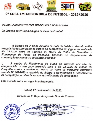 MEDIDA ADMINISTRATIVA DISCIPLINA N°01/2020 - 9ª COPA AMIGOS DA BOLA DE FUTEBOL